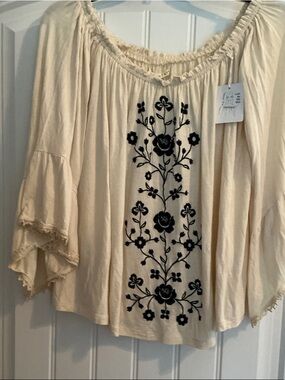 hint of mint Cream Off-Shoulder Blouse with Black Floral Embroidery